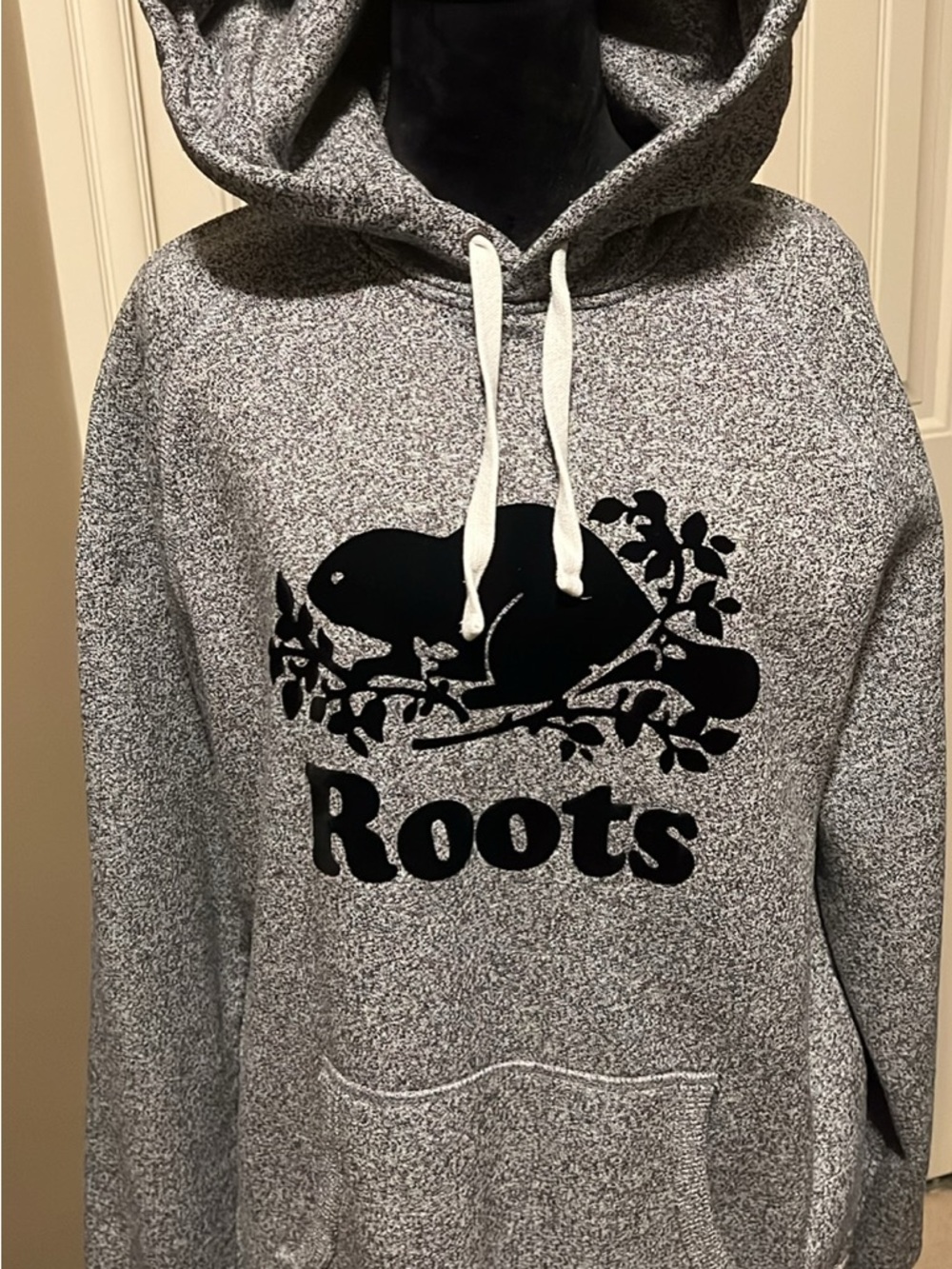 Roots Men's Gray Speckled Hoodie with Black Beaver Logo